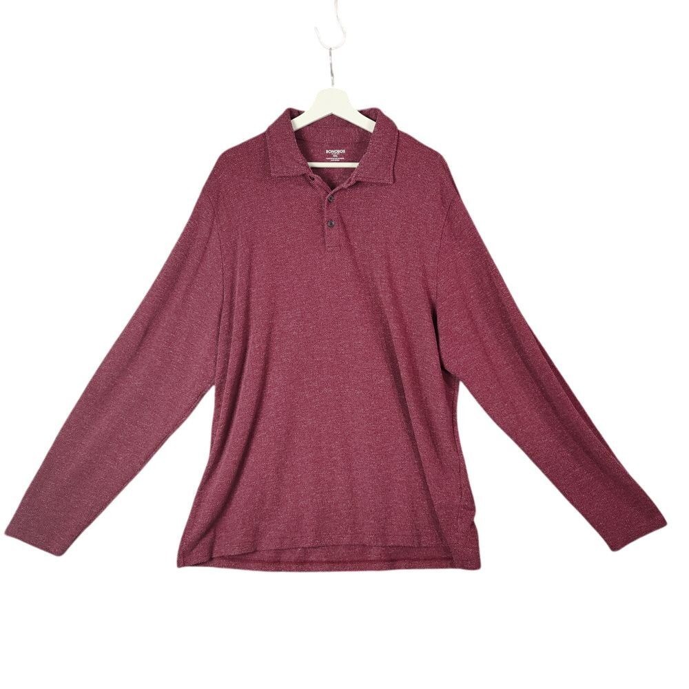 Bonobos Mens Preppy Quiet Luxury Polo XXL Burgundy Herringbone Slim Long Sleeve